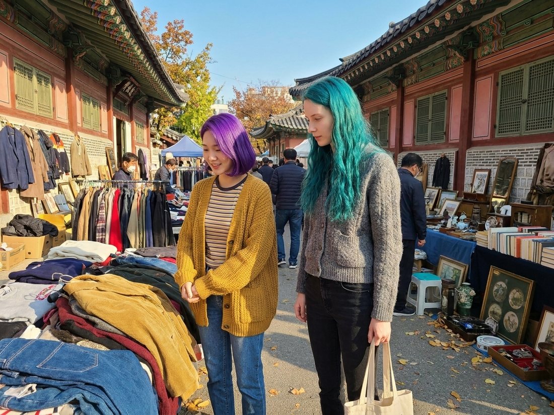 Sumi and Teal browsing a vintage clothing stall at Dongmyo Flea Market