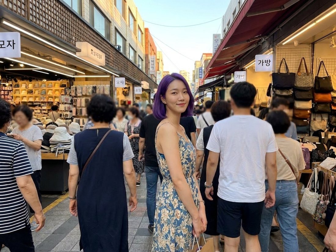 Sumi glancing back over her shoulder on a stall-lined street in Namdaemun Market
