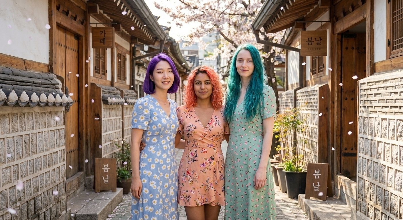 Sumi, Coral and Teal in a hanok alley in Ikseon-dong, Seoul
